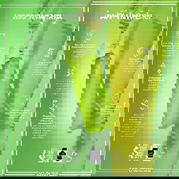 A light green water bottle is held; its features are highlighted, including a hide-away handle, crevice-free design, contoured grip, hygiene cover, and wide mouth. The bottle is an award-winning design.