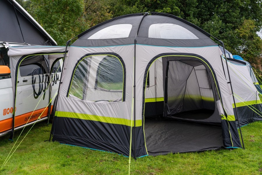 The OLPRO Hive Campervan Awning Fibreglass Poles - with Sleeping Pod attached to a Volkswagen Camper Van