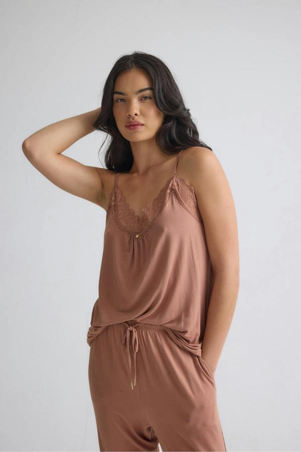 Pretty You London Bamboo Lace Cami Cropped Trouser Pyjama Set in Mocha