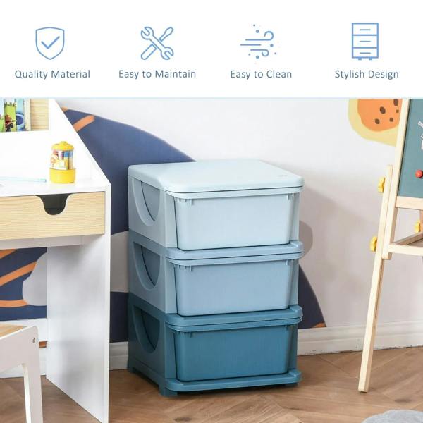 Blue 3-tier plastic storage unit with three drawers and curved hand grips