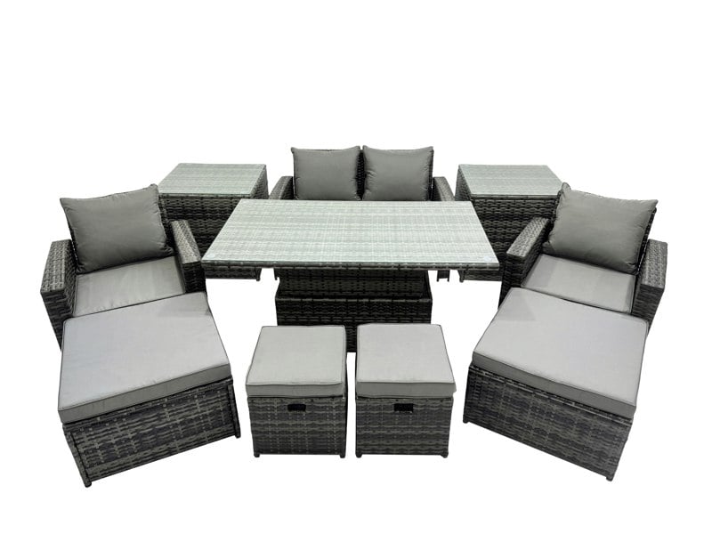 Fimous 8 Seater Outdoor Rattan Love Sofa Set with Adjustable Dining or Coffee Table, 2 Chairs, 4 Stools & 2 Side Tables - Dark Grey
