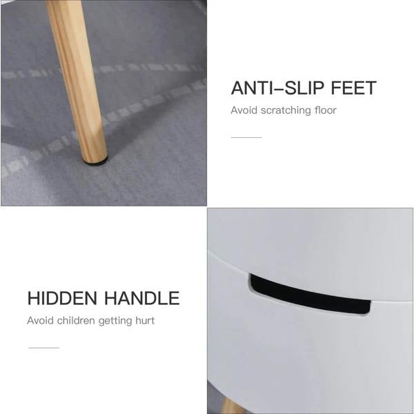 White round table detail with hidden handle slot and anti-slip feet