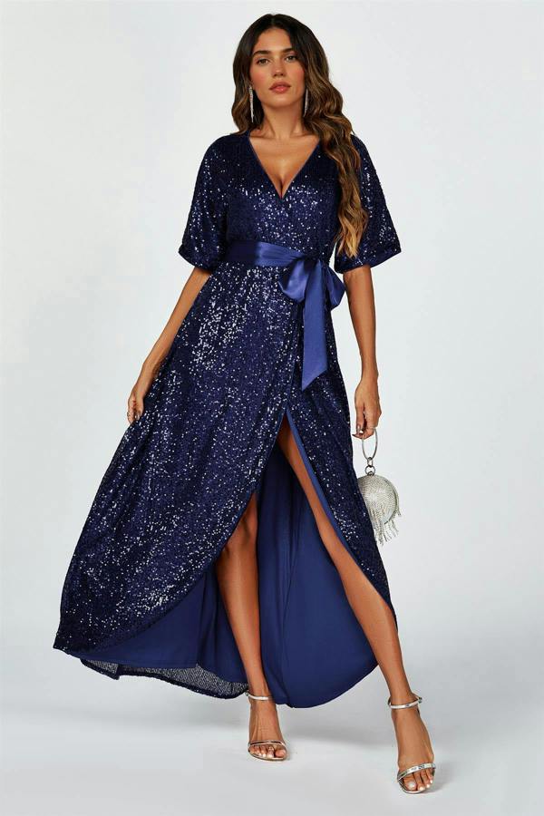 FS Collection Wrap Style Sequin Maxi Dress In Navy