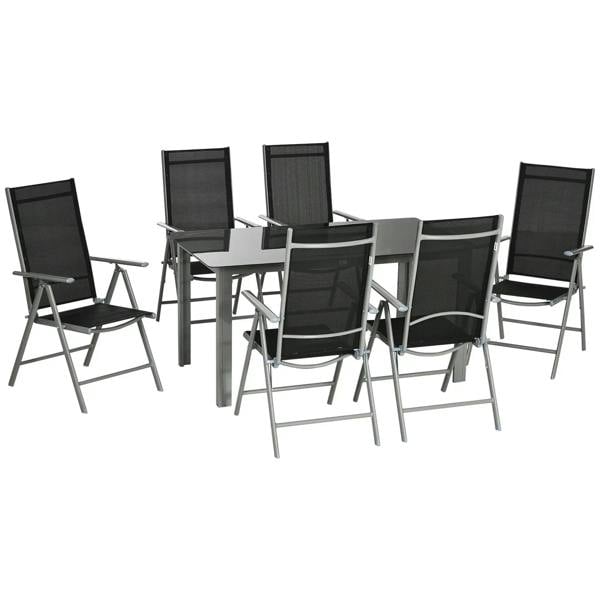 Outdoor dining set with rectangular glass-top table and six black folding chairs