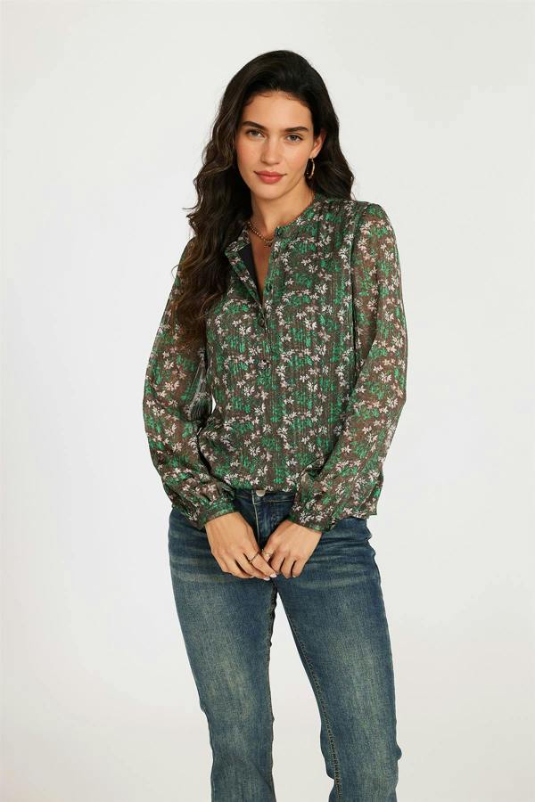 FS Collection Silver Thread Print Long Sleeve Sheer Blouse In Brown