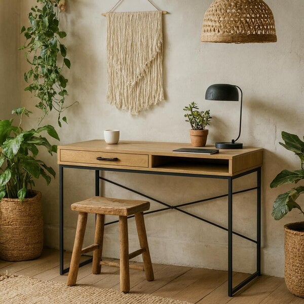 Wyld Haus El Paso Office Desk 1 Drawer Black Metal and Wild Oak Effect