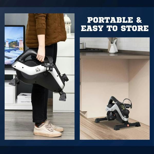 Black portable pedal exerciser being lifted by the handle for easy storage