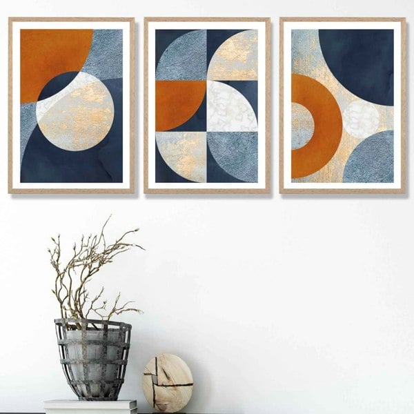 Artze Wall Art Abstract GEOMETRIC Set of 3 Navy Blue Orange and Gold Framed Art Prints
