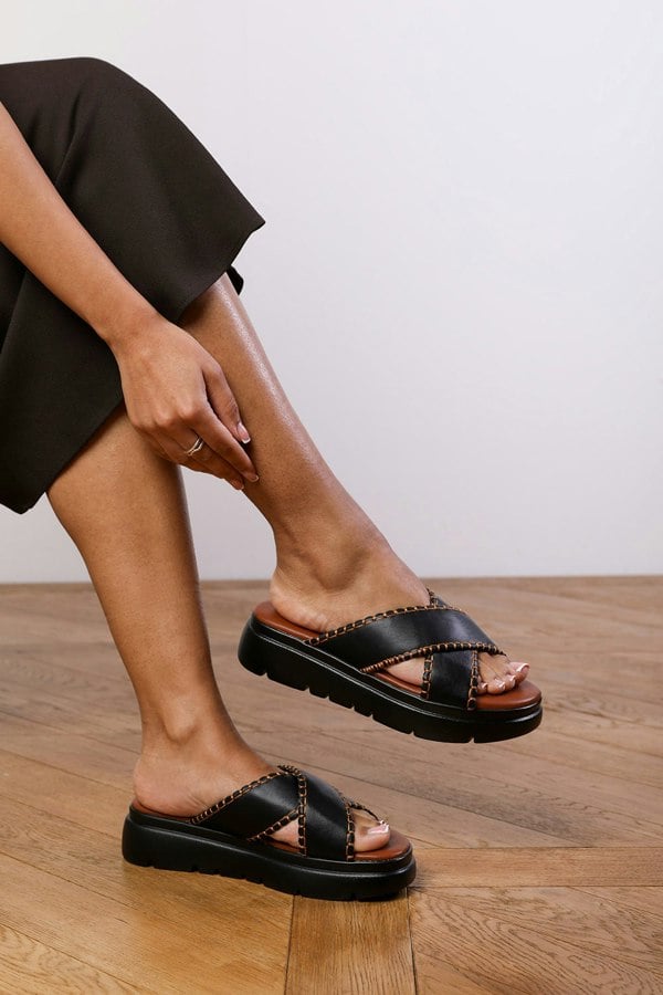 Where's That From Andrea Chunky Cross-strap Slide Sandal in Black Pu