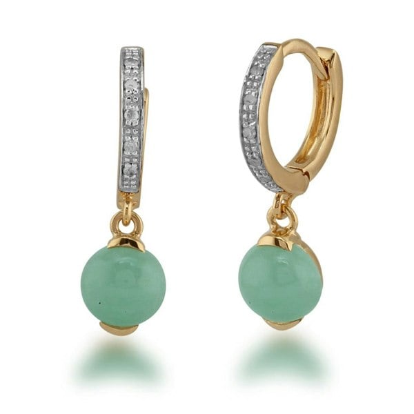 Classic Jade & Diamond Hoop Earrings in Gold Plated 925 Sterling Silver 