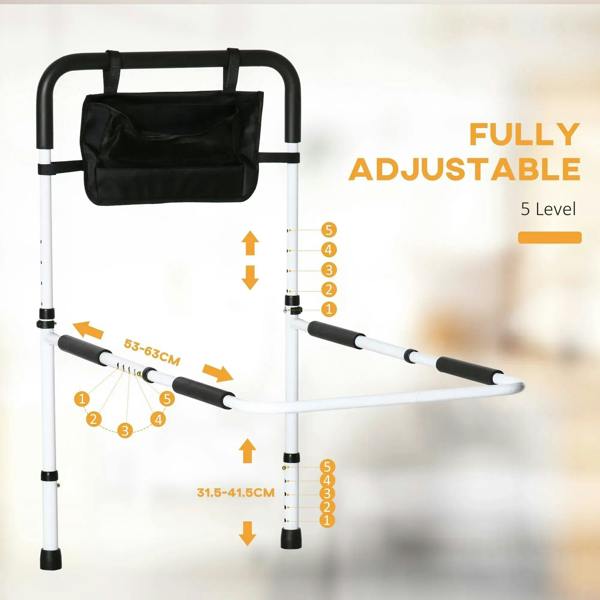 White safety bed rail with black grab bar and adjustable height levels diagram