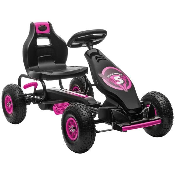 Pink kids pedal go kart with black seat, pink wheel rims, and 4 knobby tires