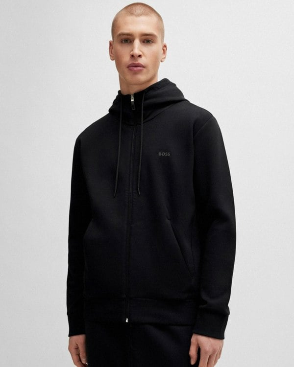 BOSS Green Saggy Mens Stretch Cotton Zip-Up Hoodie with Logo Print NOS - Black 001