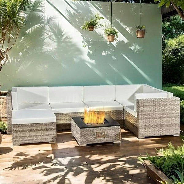 Oseasons Trinidad Rattan Modular 6 Seat Firepit Chaise Lounge Set in Dove Grey