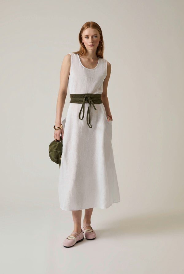 White linen maxi dress sleeveless ankle length