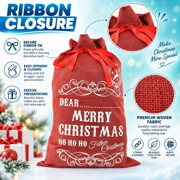 Shatchi 31cm Red Christmas Gift Sack with Ribbon Tie for Personalised Festive Present Wrapping