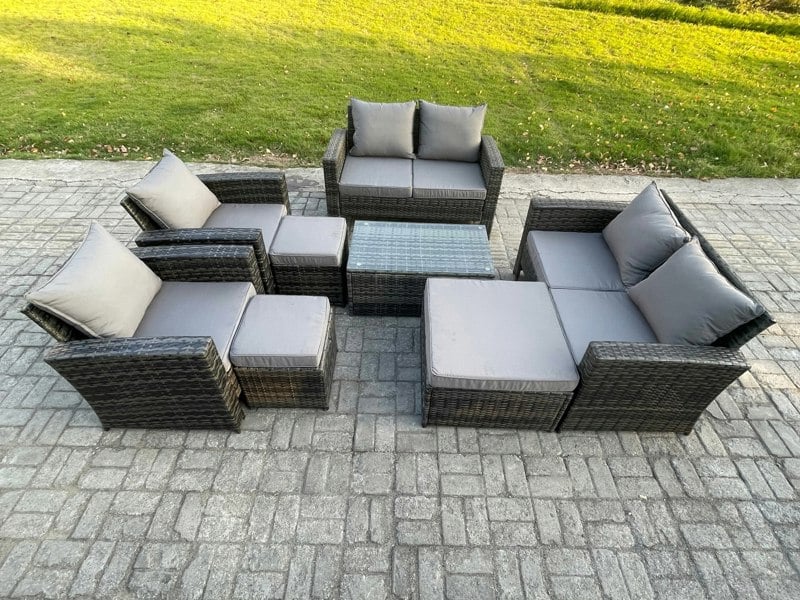 Fimous Garden Furniture Sets 8 Pieces Outdoor Rattan Furniture Manual Wicker Patio Sofa Chair Set with Coffee Table 3 Footstools Dark Grey Mixed