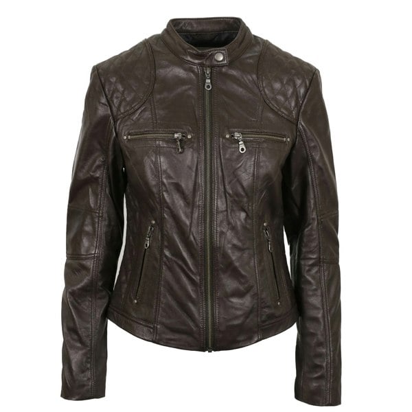 Pelle D’annata Ladies Real Leather Biker Jacket in Dark Brown