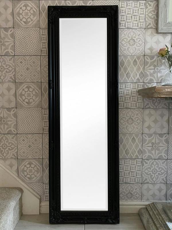 Antique Style Black Tall Ornate Dressing Wall Mirror with Bevelled Glass 142cm