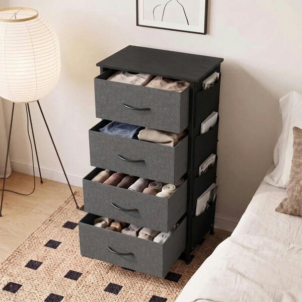 Chest of Drawers, Dresser with 4 Fabric Drawers, 4 Pockets, 2 Hooks and Steel Frame, Storage Unit, Grey
