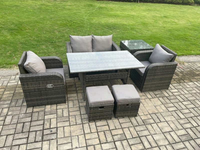 Fimous Outdoor Rattan Garden Furniture Lounge Sofa Set With Oblong Rectangular Dining Table 2 PC Reclining Chair Side Table 2 Small Footstool