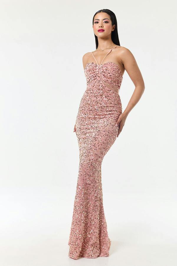 LuvForever Rose Pink Bandeau Sequin Maxi Dress