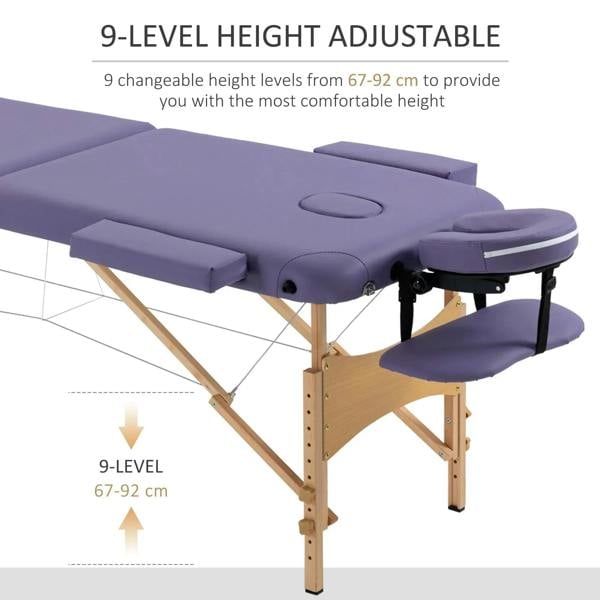 Purple adjustable-height massage bed with curved headrest and armrest pads on frame