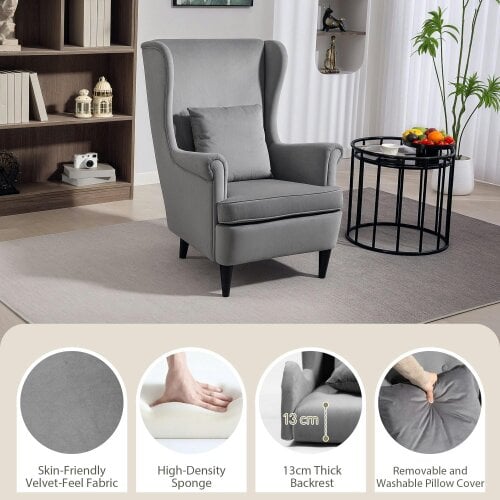 Wyld Haus Harire Grey Velvet Wingback Accent Chair With High Back Pillow And Wooden Legs