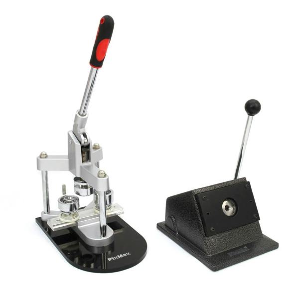 PixMax Badge Making Bundle featuring a sleek silver badge press and a sturdy black base with a lever for easy operation