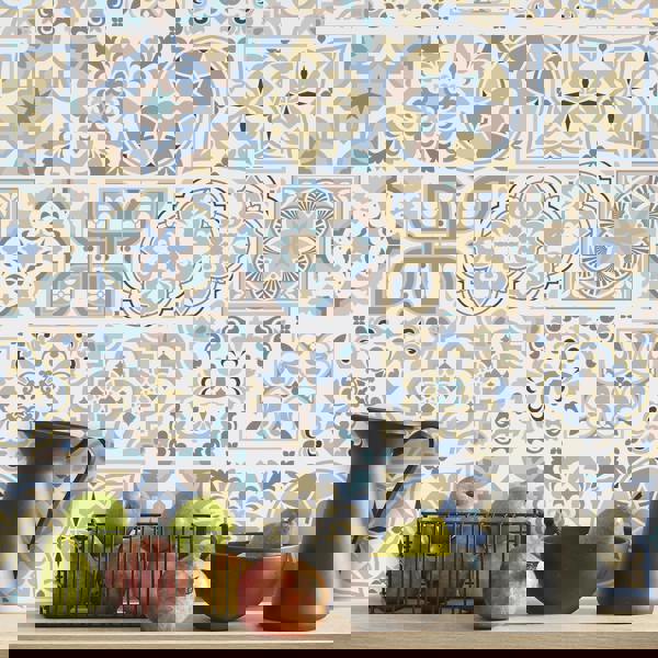 WT1544 - Light Sapphire and Parchment colour Traditional Spanish Tiles Wall Stickers - 15 cm x 15 cm - 24 pcs