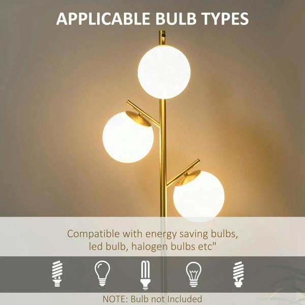 Gold three-light floor lamp with three round white globe shades