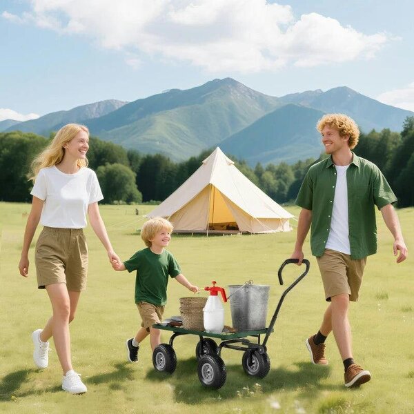 Bobobiy Garden Trolley Cart, Heavy Duty Garden Cart with Metal Frame, 10" Pneumatic Wheels, Rotating Handle, 150kg Capacity, for Garden, Farm, Green