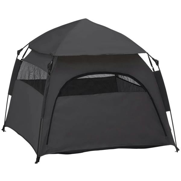 Charcoal gray foldable dog cat tent with arched roof and mesh front door