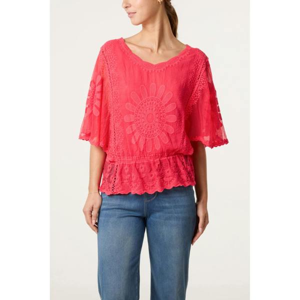 Blue Vanilla Sun Flower Lace Sleeve Blouse