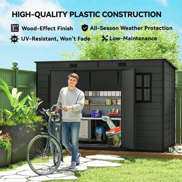 Bobobiy 10 x 6 ft Resin Garden Shed, Outdoor Storage Shed with Floor, Windows, Lockable Doors and Vents, Dark Grey