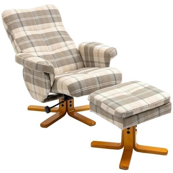 Swivel recliner chair with plaid linen-look fabric and matching footstool, wooden base