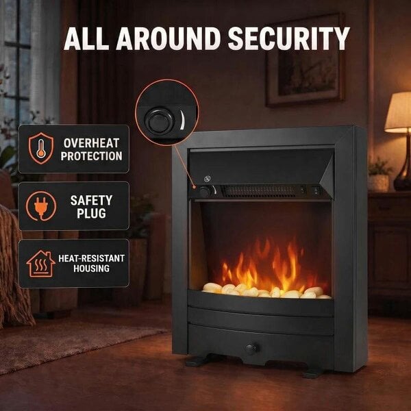 Electric Fireplace Stove Freestanding/Inset, 2000W, Electric Fire with LED Flame, Pebbles, Adjustable Thermostat, Black