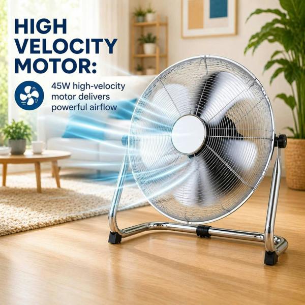 Dyzi 16 Inch 45W Metal Floor Fan High Velocity Adjustable Tilt Silver