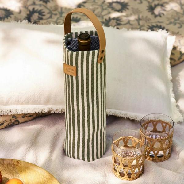 Moss green striped canvas insulated bottle bag with a leather-style handle.