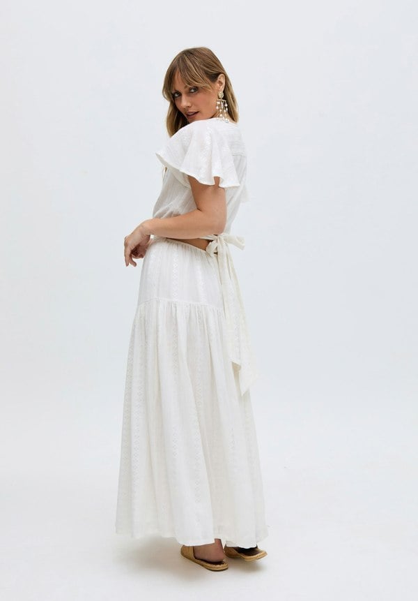 Candice Flutter Sleeve Jacquard Maxi Dress In White