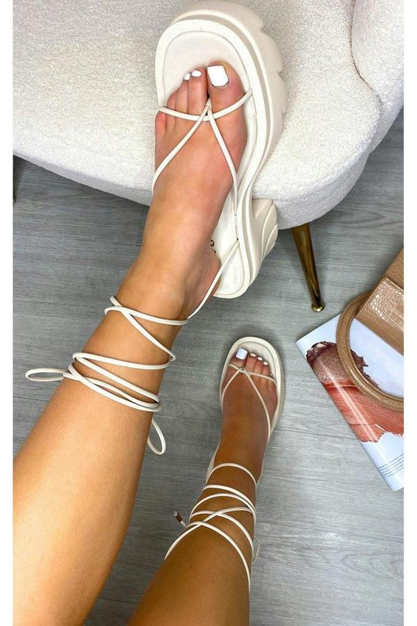 Brogan Faux Leather Lace Up Chunky Sandals - Cream