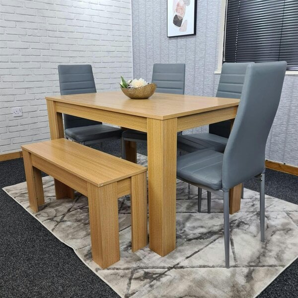 KOSY KOALA 6 Seater Modern Light Wood Dining Table Set with 4 Grey Faux Leather Chairs and Bench Metal Legs H75 x L140 x W80 cm