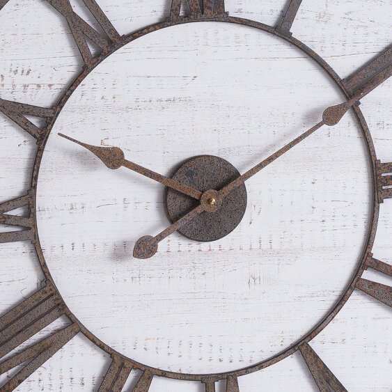 Wyld Haus 70cm Rustic White Washed Wooden Clock Aged Metal Roman Numerals