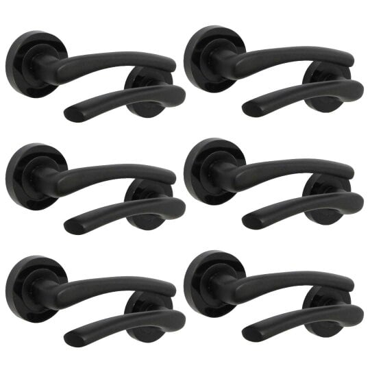 Zena Design Modern Matt Black Door Handles Internal & External Use - Lever Latch Handle with Black Nickel Rose, 6 Pairs