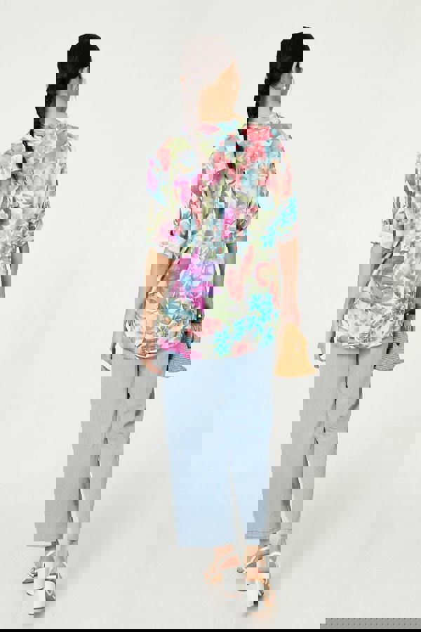 White | Floral Turn-Up Sleeve Relaxed Blouse