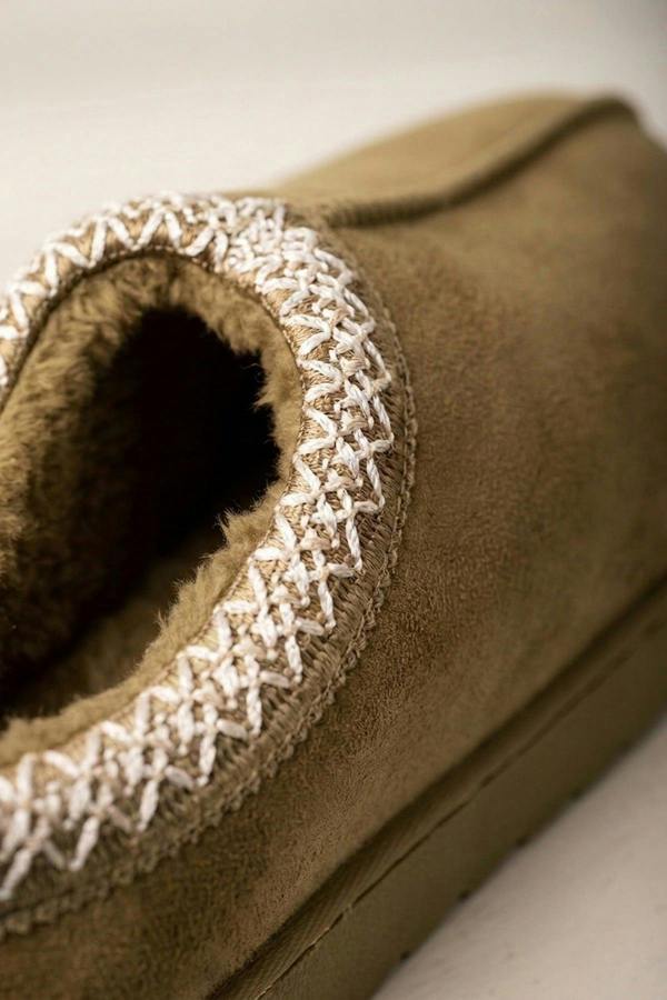 Odette Faux Suede Lined Slipper Mules - Khaki
