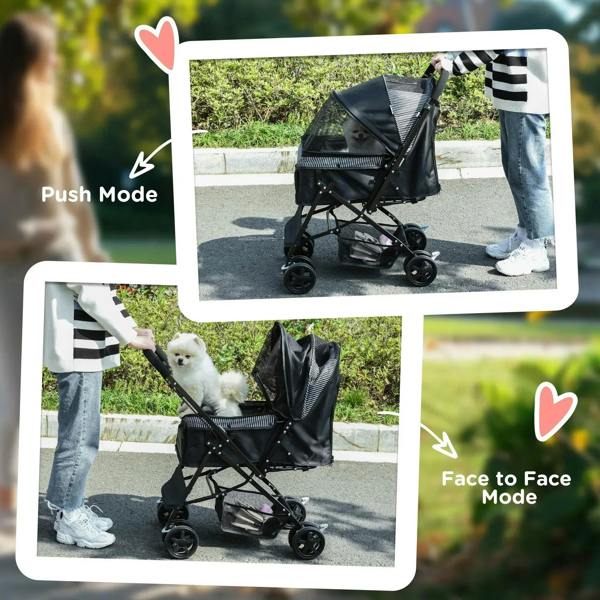 Black pet stroller in push and face-to-face modes with canopy and mesh enclosure