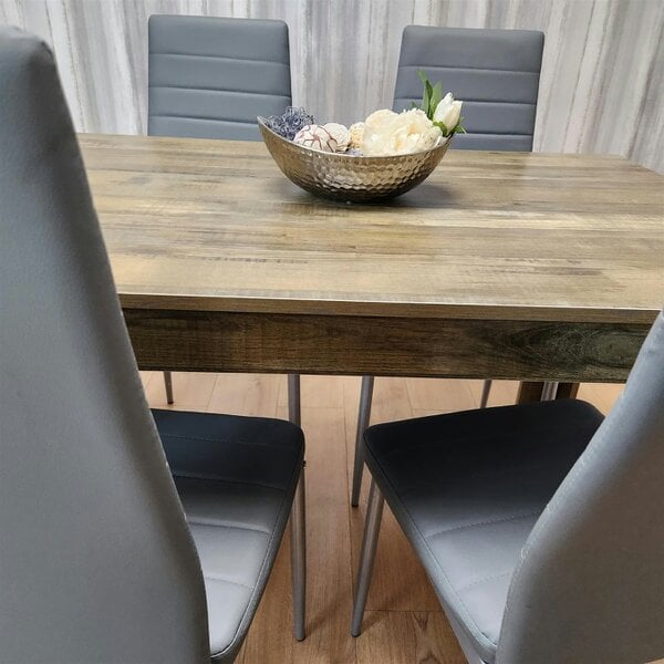 Kosy Koala Dining Table and 4 Chairs Rustic Effect Wood Table 4 Grey Leather Chairs Dining Room