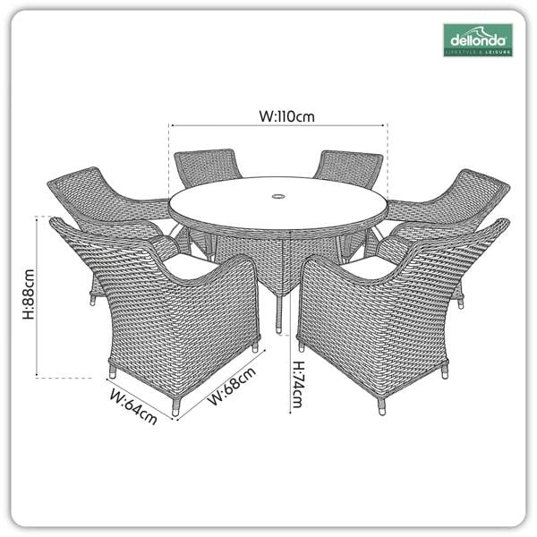 Dellonda Chester 7 Piece Rattan Wicker Outdoor Dining Set with Tempered Glass Table Top, Brown - DG85