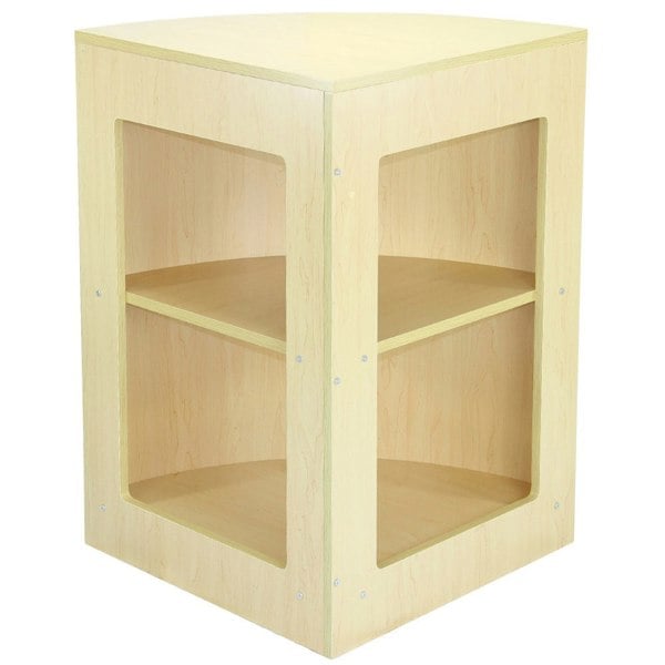 Zodiac Maple Shop Counter features a light maple finish, corner design, two open shelves, and clear acrylic panels for retail display